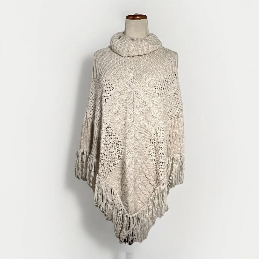Altar'd State‎ XS Cream Knit Fringe Poncho Sweater Cowl Neck Boho Cozy Fall